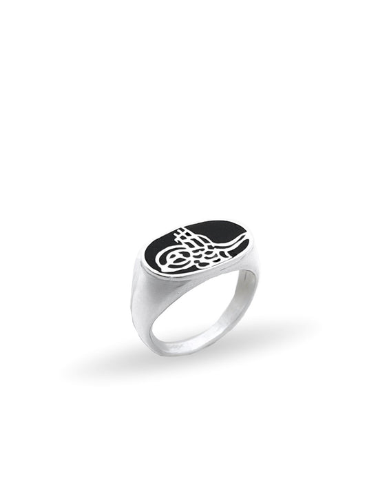 Oval Siyah Mine Üzeri Osmanlı Tuğrası Gümüş Erkek Yüzük