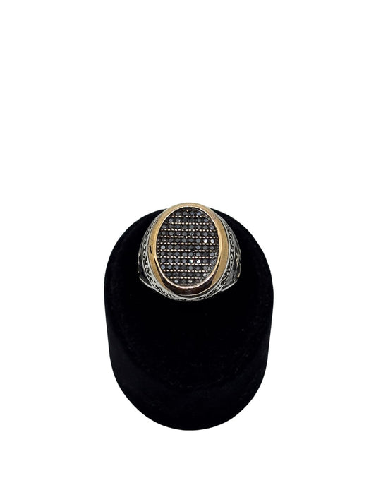 Oval Siyah Zirkon Taş Bezeli Çapa Motifli Gümüş Erkek Yüzük