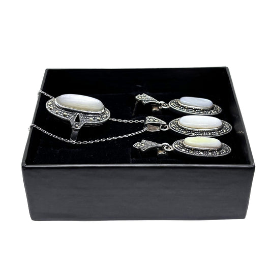 Sparkling Marcasite Surrounded Oval Mother of Pearl Silver Set & Set