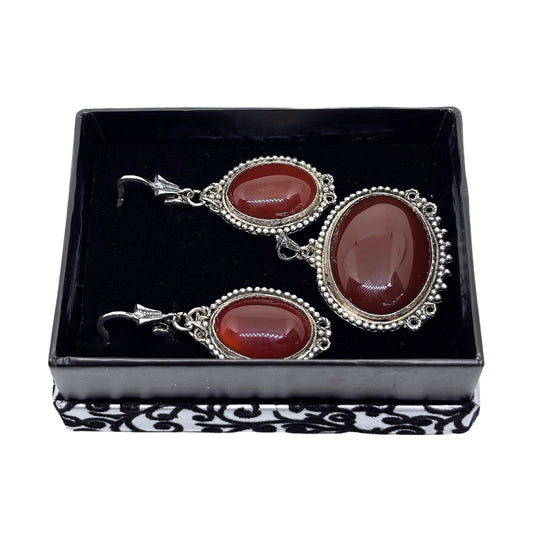 Authentic Büyük Akik Işıltılı Gümüş Set&Takım