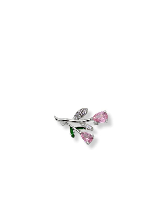 Minimal Pembe Kuvars Taşlı Gümüş Çiçek Broş – 1.5x2.4 cm