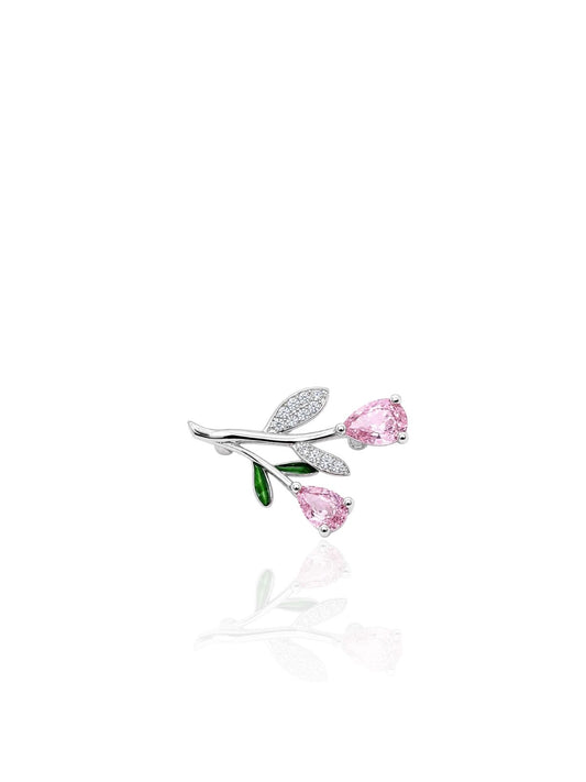 Minimal Pembe Kuvars Taşlı Gümüş Çiçek Broş – 1.5x2.4 cm