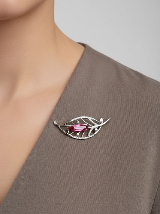 Pembe Zirkon Taşlı Yaprak Gümüş Broş 4.9x1.7cm