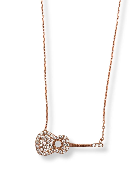 Rose Gold Beyaz Işıltılı Akustik Gitar Hayalet Gümüş Kadın Kolye