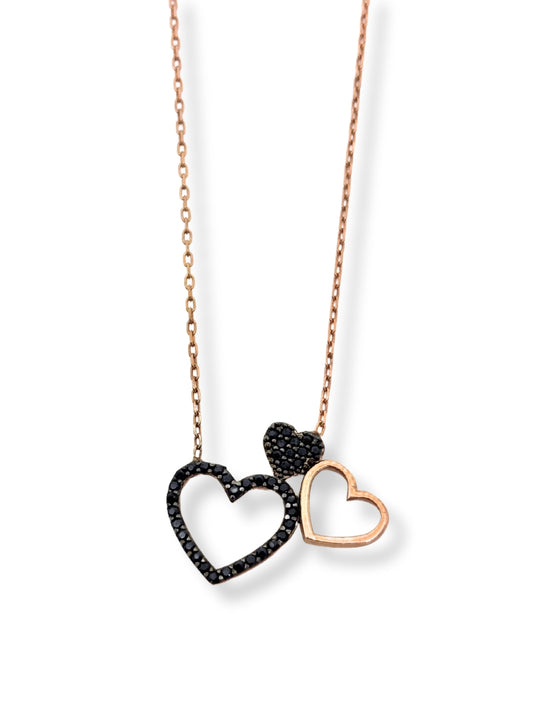 Rose Gold Siyah Işıltılı Çift Kalp Gümüş Kadın Hayalet Kolye