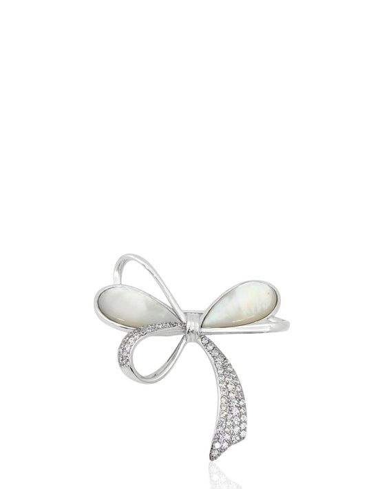 Beyaz Zirkon Taşlı Sedefli Fiyonk Gümüş Broş 3.9x3.9cm