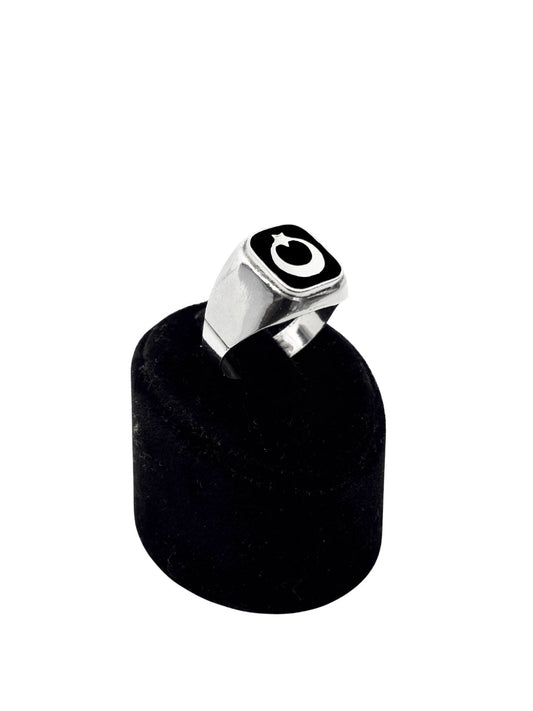 Siyah Mineli Ay Yıldız Türk Bayrağı Gümüş Erkek Yüzük