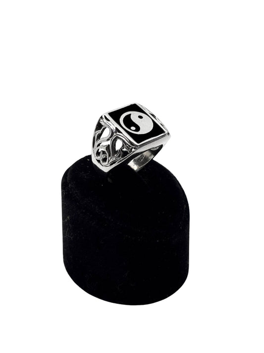 Siyah Mineli Kare Ying Yang Gümüş Erkek Yüzük