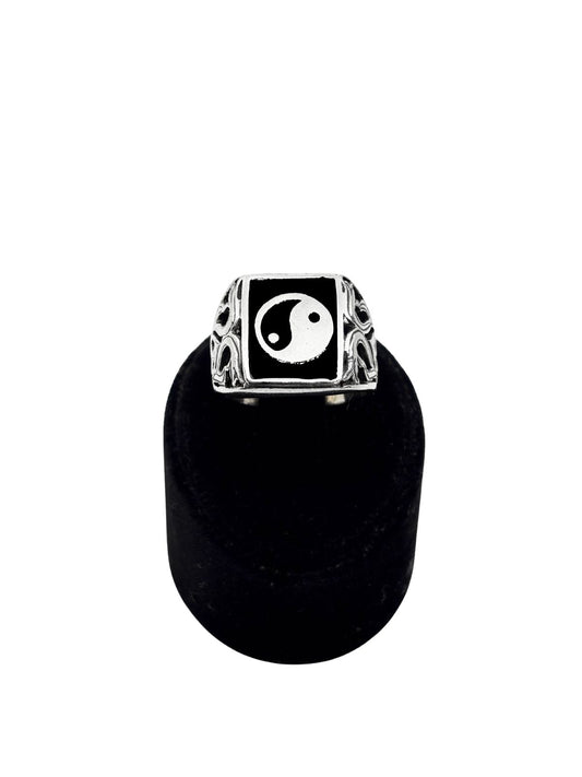 Siyah Mineli Kare Ying Yang Gümüş Erkek Yüzük