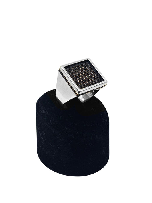 Siyah Taş Bezeli Kare Gümüş Erkek Yüzük