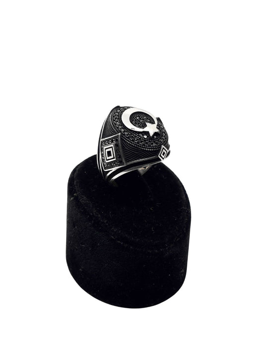 Siyah Taşlı Türk Bayraklı Karartma Gümüş Erkek Yüzük