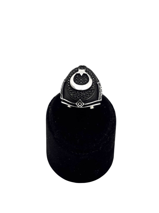 Siyah Taşlı Türk Bayraklı Karartma Gümüş Erkek Yüzük