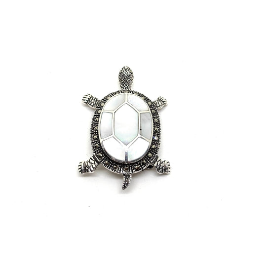 Silver Turtle Brooch with Marcasite Surrounded White Mother of Pearl