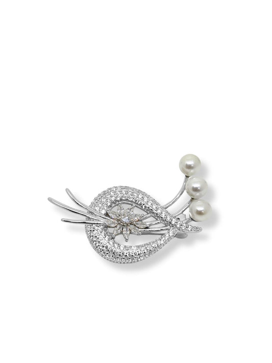 Taşlı İnci Gümüş Çiçek Broş – 2.5x4 cm