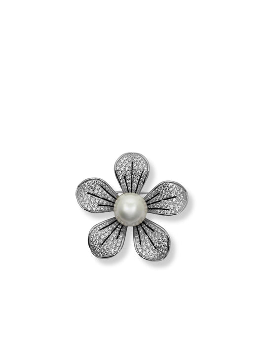 Taşlı İncili Gümüş Çiçek Broş – 3.5x3.5 cm