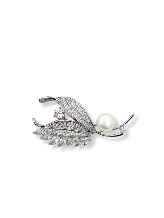 Taşlı İncili Çift Yaprak Gümüş Broş – 2.7x5 cm