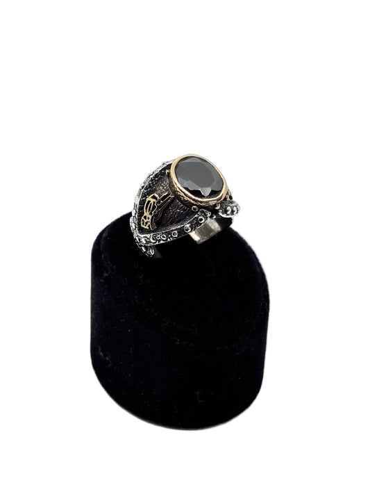 Tuğra ve Osmanlı Armalı Kesme Oniks Taş Gümüş Erkek Yüzük