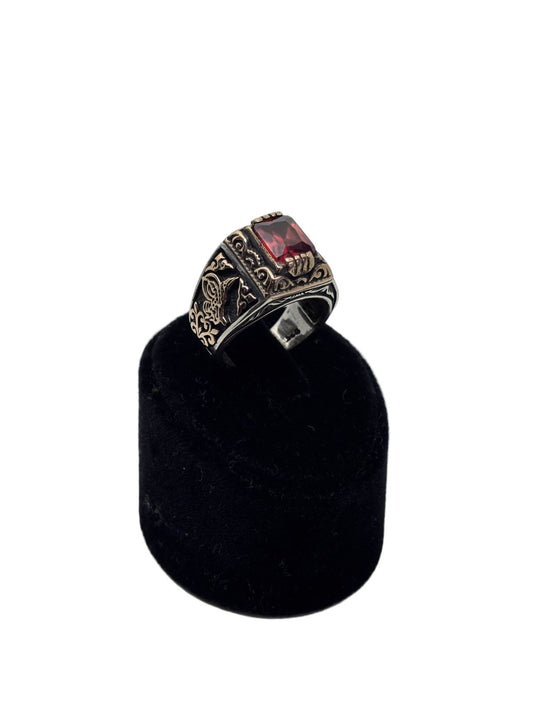 Tuğralı Dikdörtgen Lal Taşlı Gümüş Erkek Yüzük