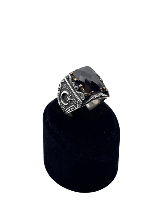 Türk Bayrağı Ay Yıldız Motifli Dikdörtgen Kesme Oniks Gümüş Erkek Yüzük