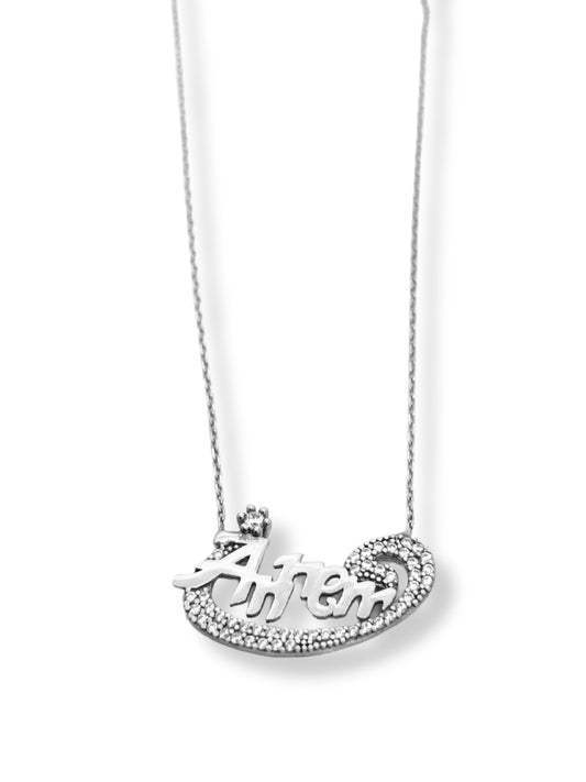 Beyaz Işıltılı Vav Harfi Hayalet Gümüş Kadın Kolye