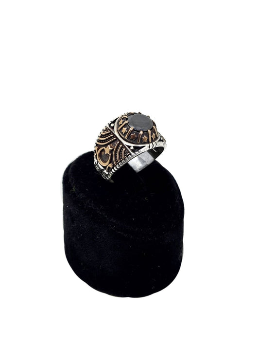 Yanları Ay Yıldız Yuvarlak Oniks Taşlı Gümüş Erkek Yüzük