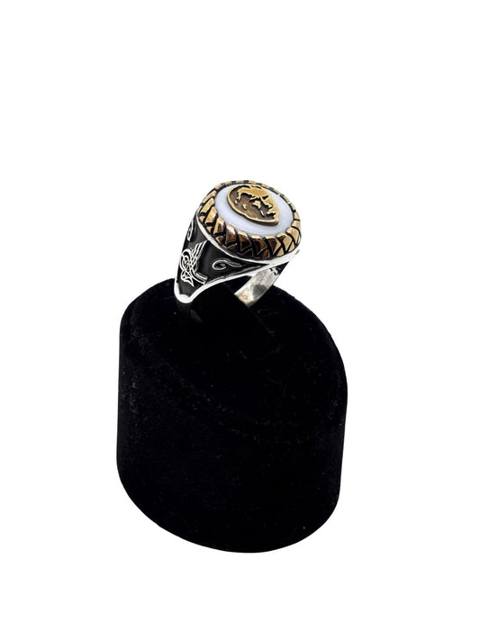 Yuvarlak Çerçeve Mustafa Kemal Atatürk Siluet Tuğra Motifli Gümüş Erkek Yüzük