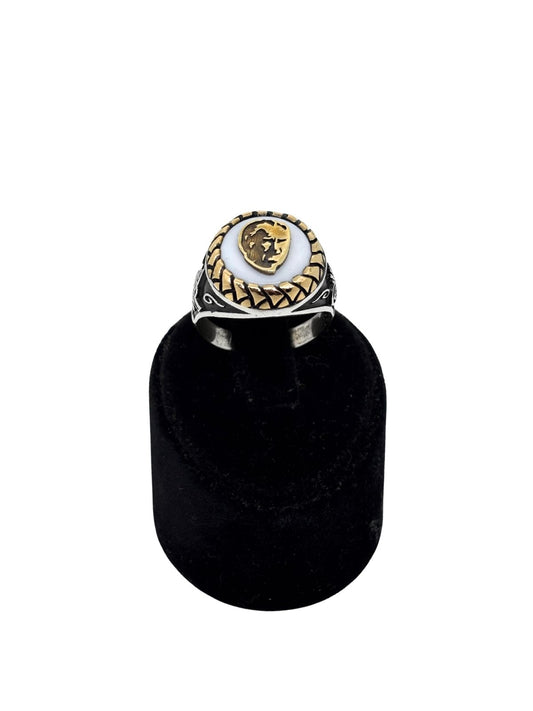 Yuvarlak Çerçeve Mustafa Kemal Atatürk Siluet Tuğra Motifli Gümüş Erkek Yüzük