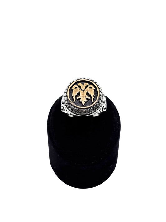 Yuvarlak Çift Başlı Kartal Gümüş Erkek Yüzük