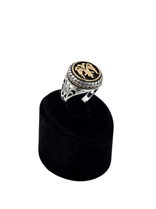 Yuvarlak Çift Başlı Kartal Gümüş Erkek Yüzük