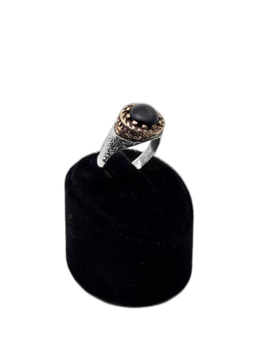 Yuvarlak Oniks Taşlı Gümüş Erkek Yüzük