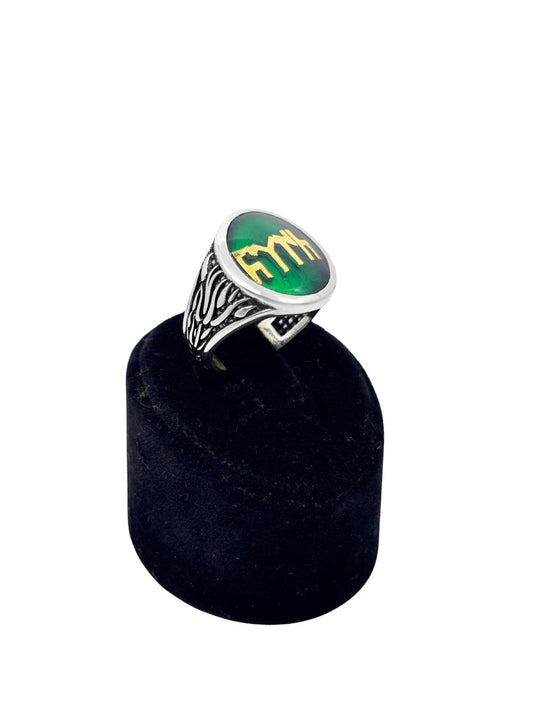 Yuvarlak Yeşil Mineli Göktürkçe Türk Yazılı Gümüş Erkek Yüzük
