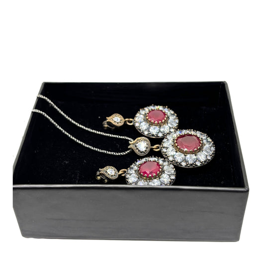 Large White Sparkle Surrounded Rose Ruby Silver Set & Set