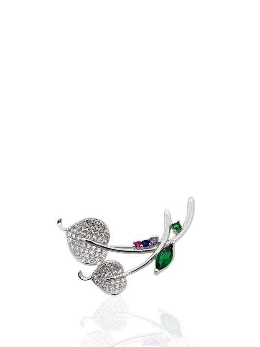 Zirkon Taşlı Dal Yaprağı Gümüş Broş 3.1x1.9cm