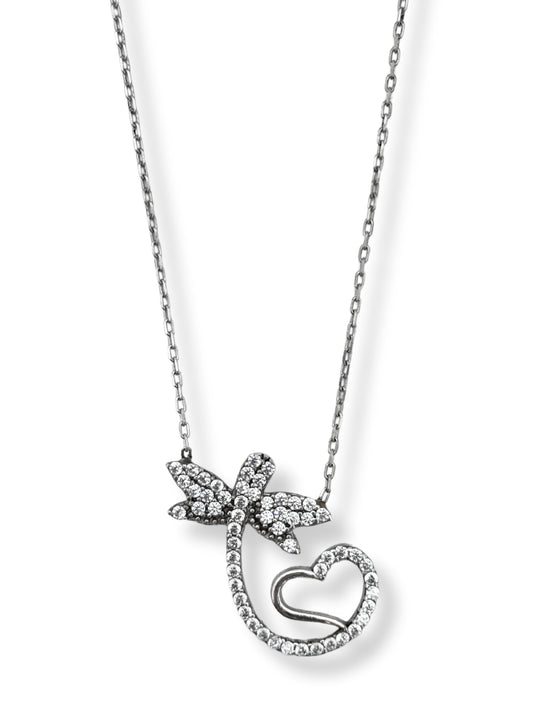 Beyaz Işıltılı Kalp Kuyruklu Yusufçuk Hayalet Gümüş Kadın Kolye