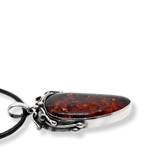 Dark Orange Amber Amber Natural Stone Silver Framed Women's Necklace