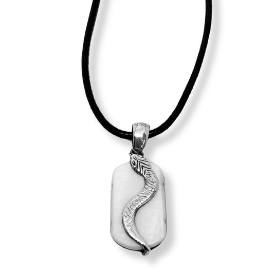 Snake Figure Silver Necklace on White Natural Stone