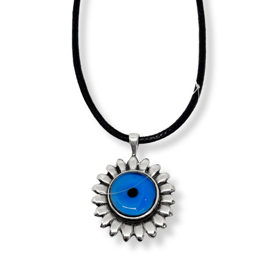 Evil Eye Silver Women's Necklace with Flower Border