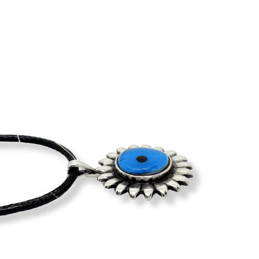 Evil Eye Silver Women's Necklace with Flower Border