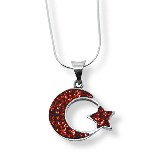 Red Sparkle Bezel Crescent Star Silver Necklace Models IKM