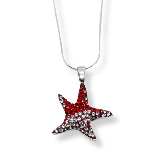 Red/White Sparkling Starfish Silver Women's Necklace IKM