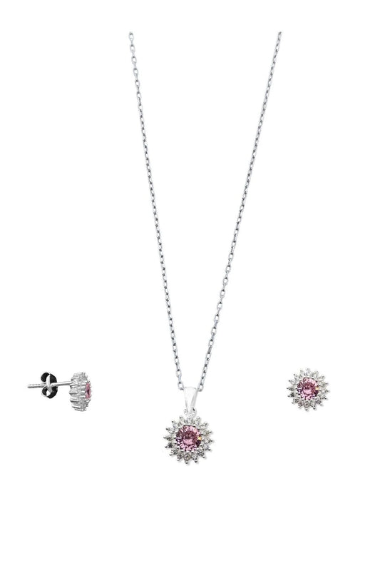 Minimal Klasik Anturaj Modeli Taşlı Gümüş Kolye ve Küpe Seti