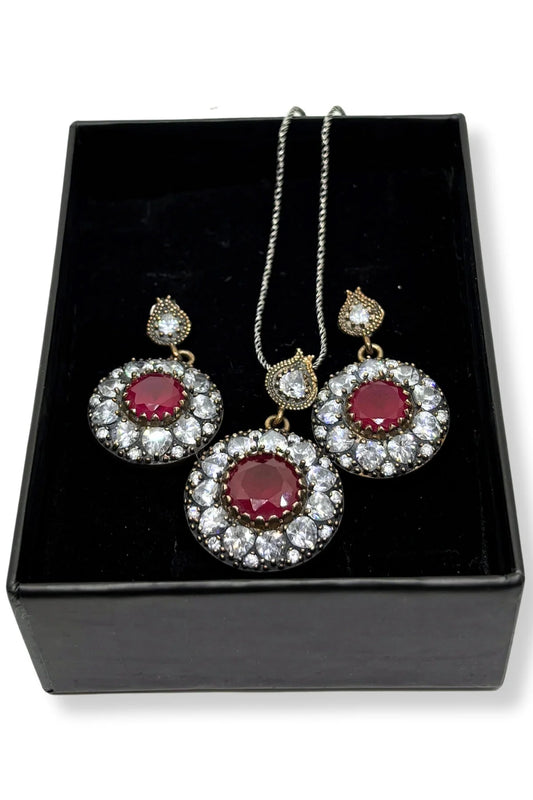 İri Beyaz Işıltı Çevrili Rose Yakut Gümüş Set&Takım