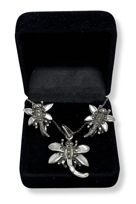 Marcasite Sparkling Mother of Pearl Dragonfly Silver Set &amp; Set - Nature's Jewels Collection
