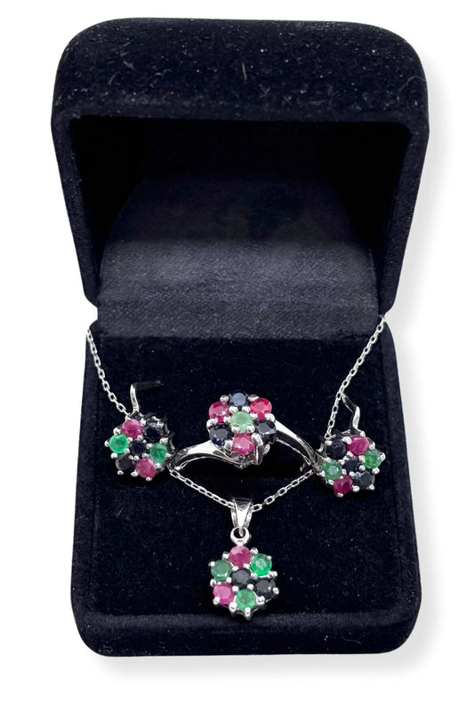 Renk Baharı Gümüş Yakut ve Zümrüt Işıltılı Set &Takım