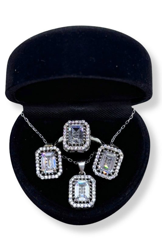 Zirkon Taşlı Kare Baget Gümüş Set &Takım