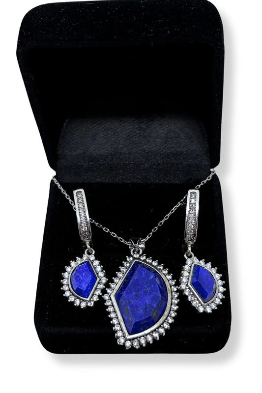 Zirkon Çevrili Lapis Lazuli Gümüş Set&Takım