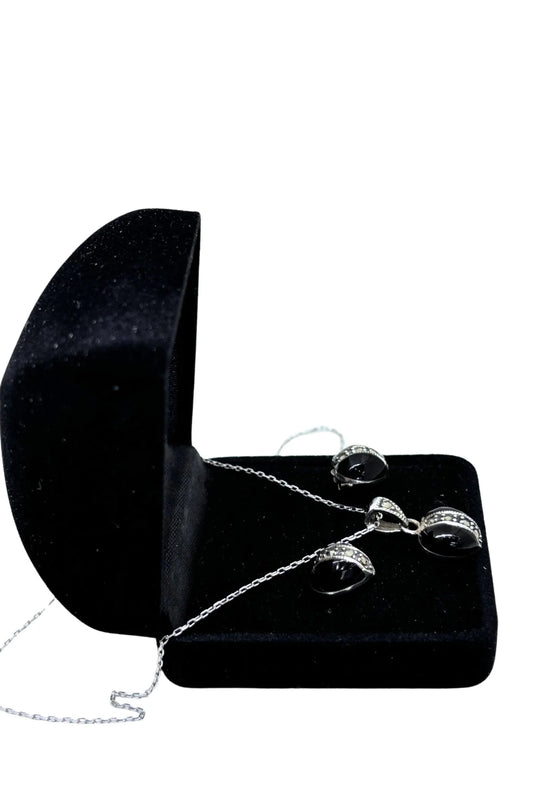 Oniks Kalp Üzeri Markazit Işıltılı Gümüş Set&Takım