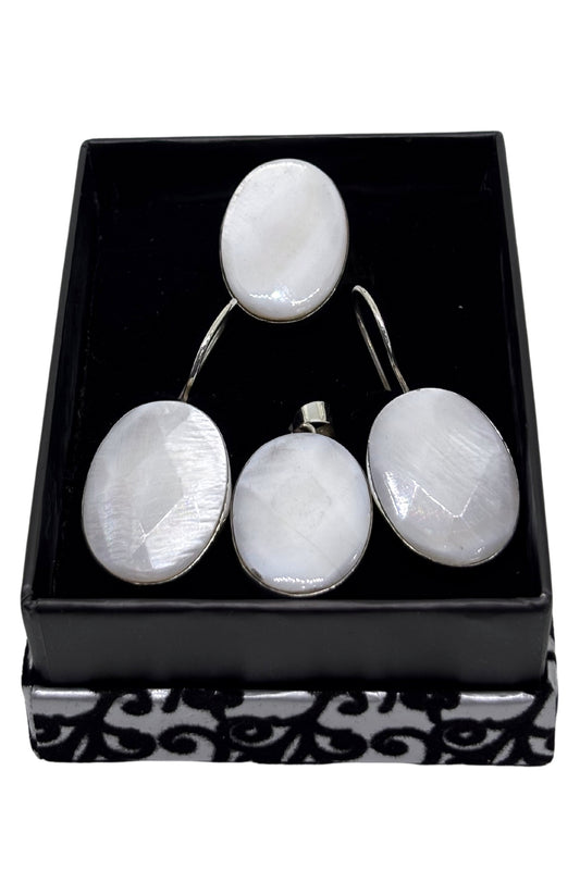 Large Oval Mother of Pearl Shiny Silver Set &amp; Set
