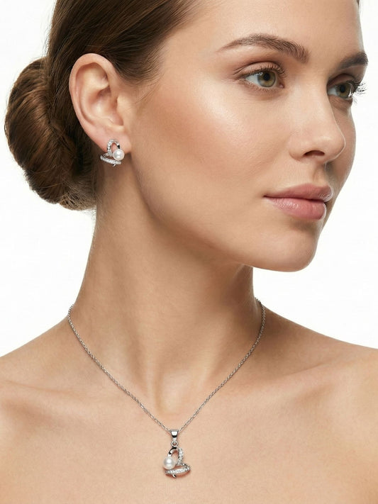 Taşlı Kalp Gümüş İnci Set&Takım