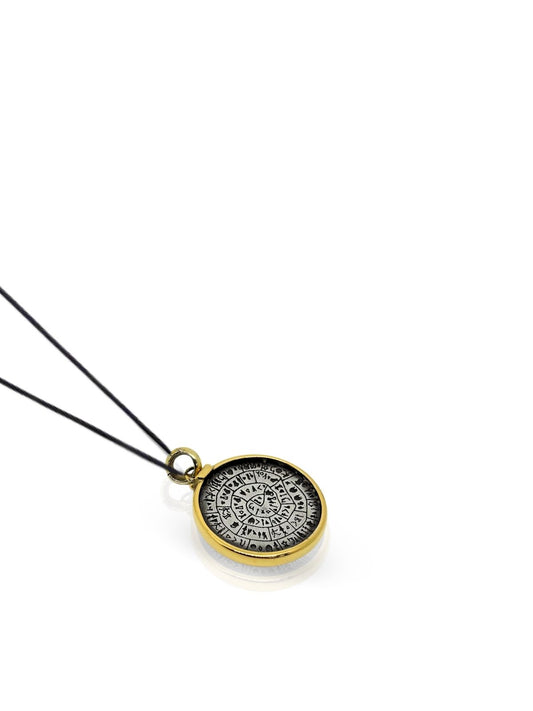 Gümüş Phaistos Diski Spiral Sembol Motifli Yuvarlak Antik Kolye 2.8x2.1 cm [OYSY195]